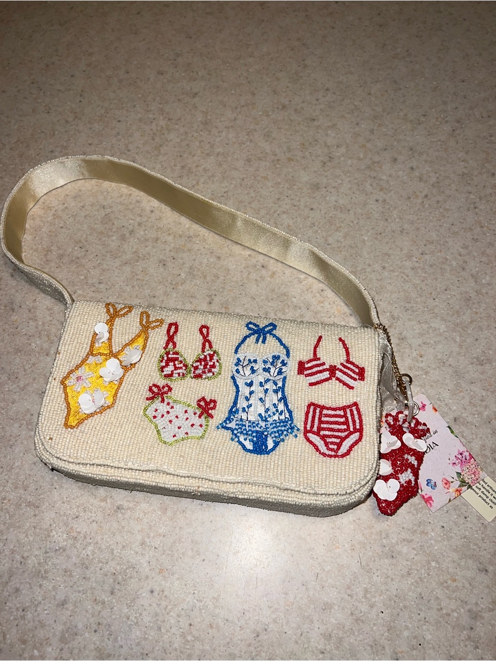 Beaded Ivory Wristlet Clutch with Multicolor Swimwear Embroidery